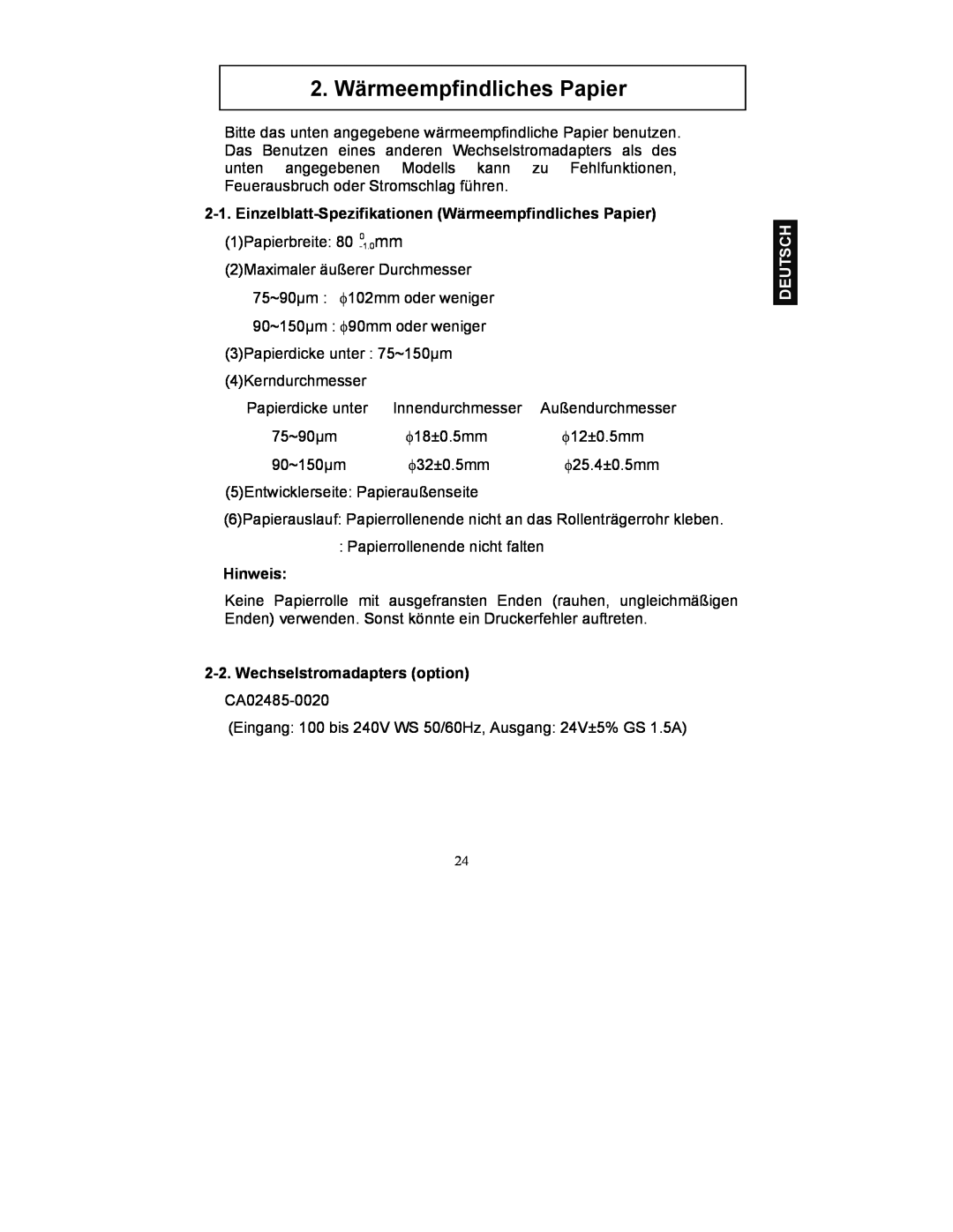 Fujitsu FP-410 2. Wärmeempfindliches Papier, Einzelblatt-Spezifikationen Wärmeempfindliches Papier, Hinweis, Deutsch 