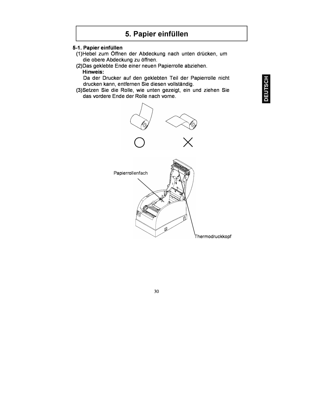 Fujitsu FP-410 user manual Papier einfüllen, Hinweis, Deutsch 