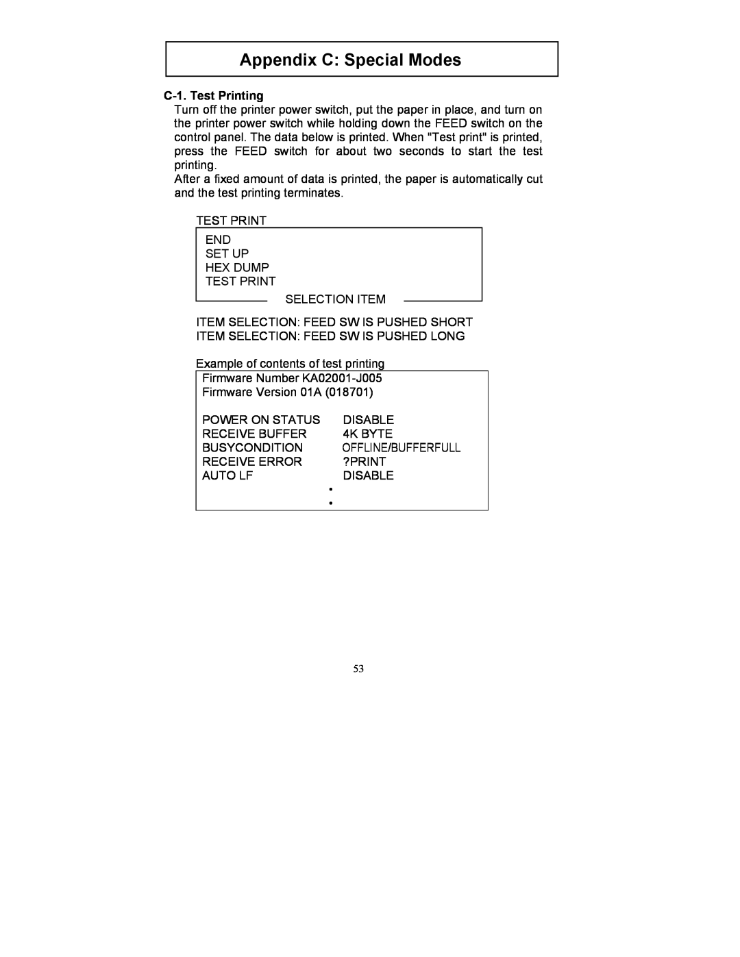 Fujitsu FP-410 user manual Appendix C Special Modes, C-1. Test Printing 