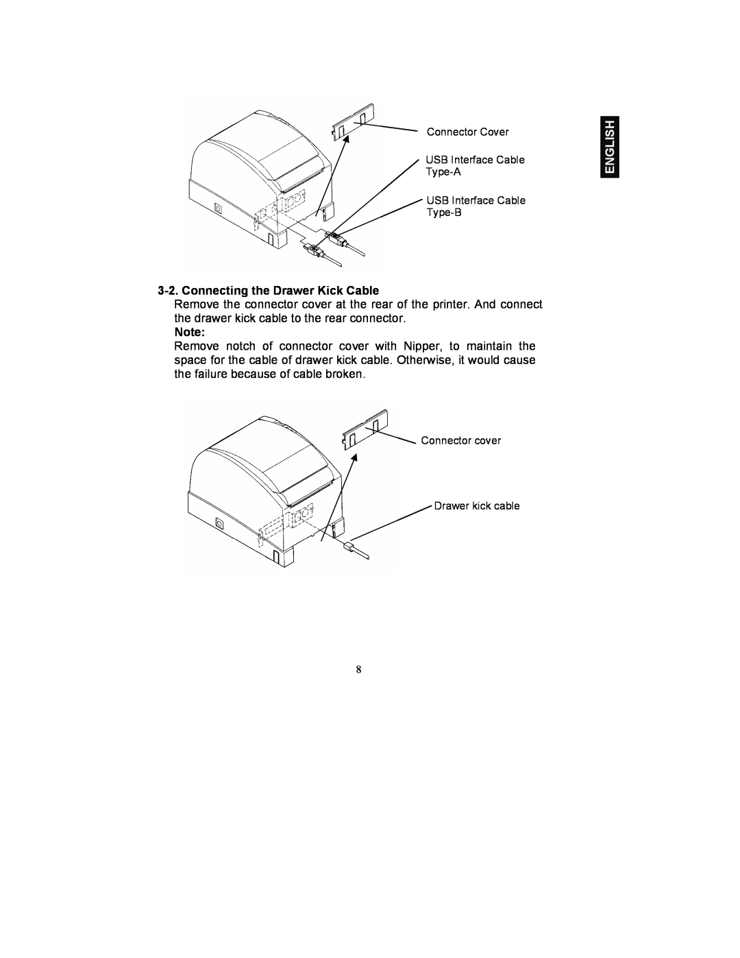 Fujitsu FP-410 user manual Connecting the Drawer Kick Cable, English, Connector cover Drawer kick cable 
