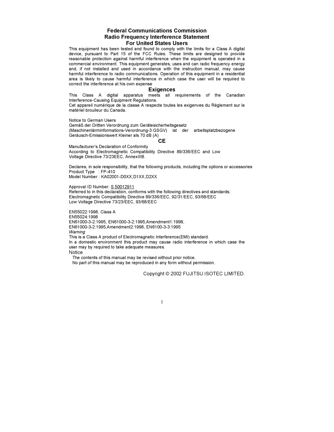 Fujitsu FP-410 user manual Copyright 2002 Fujitsu Isotec Limited 