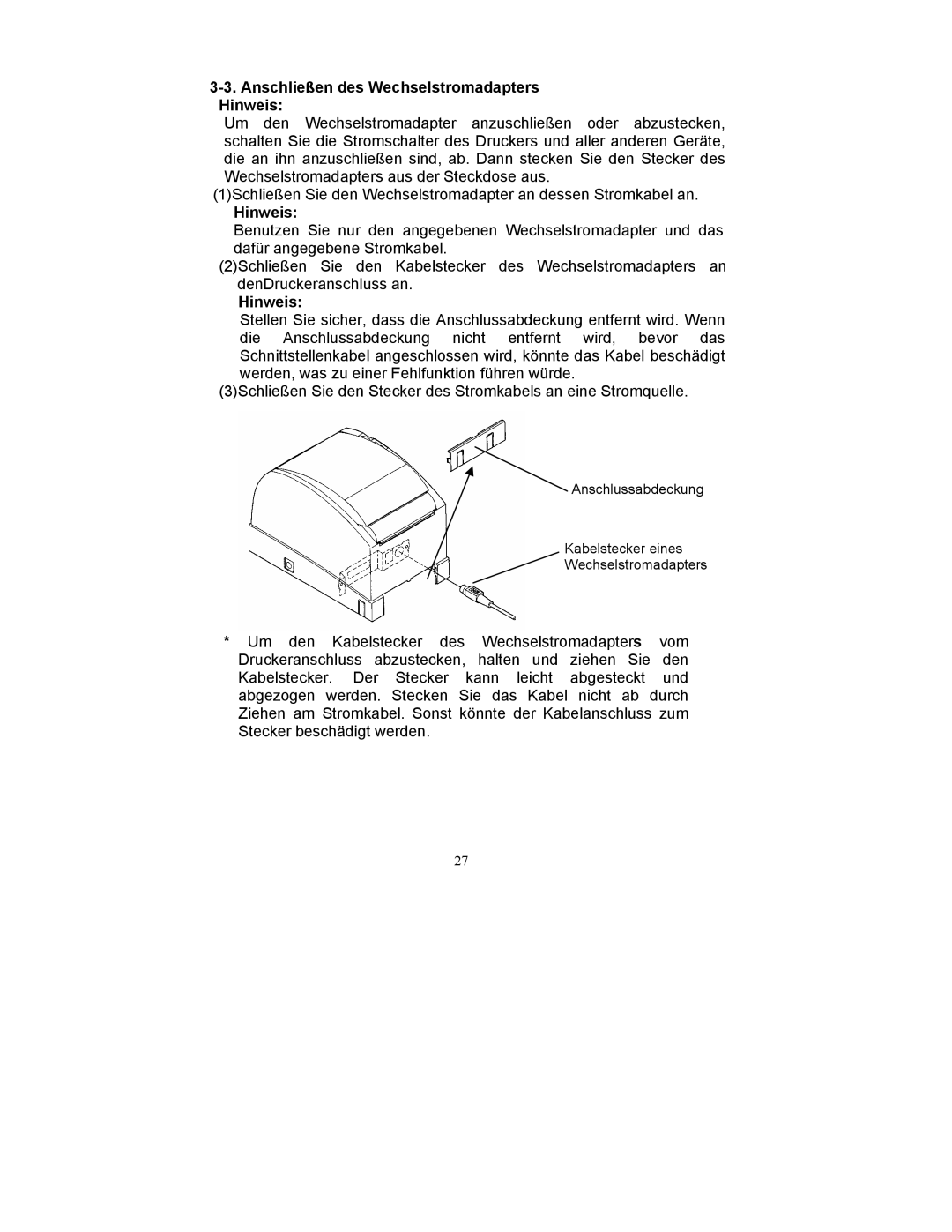 Fujitsu FP-410 user manual Anschließen des Wechselstromadapters Hinweis 