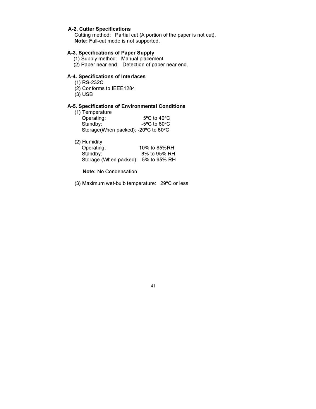 Fujitsu FP-410 user manual Cutter Specifications, Specifications of Paper Supply, Specifications of Interfaces 