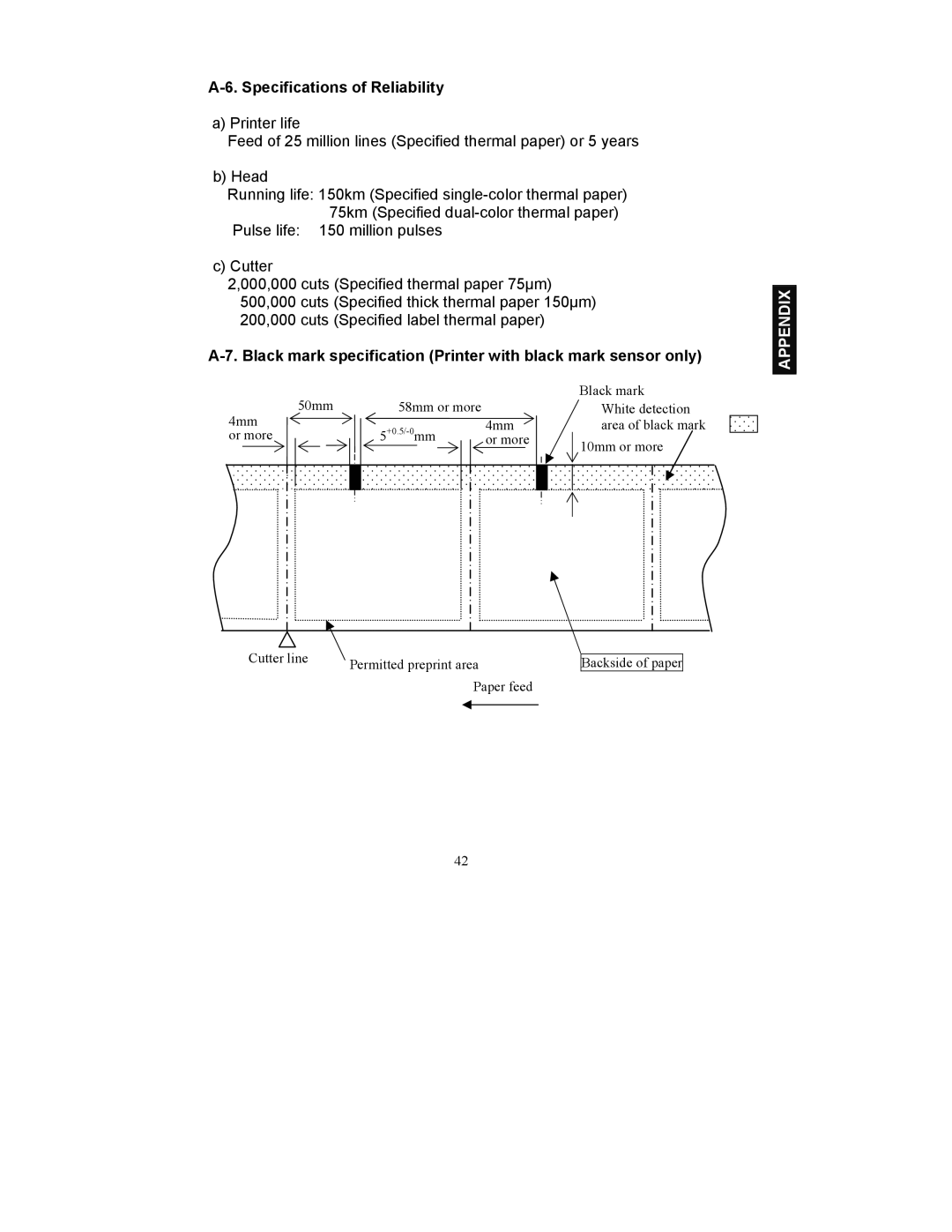 Fujitsu FP-410 user manual Specifications of Reliability, Black mark specification Printer with black mark sensor only 