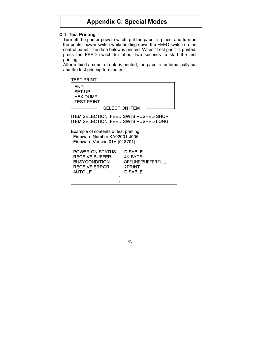 Fujitsu FP-410 user manual Appendix C Special Modes, Test Printing 