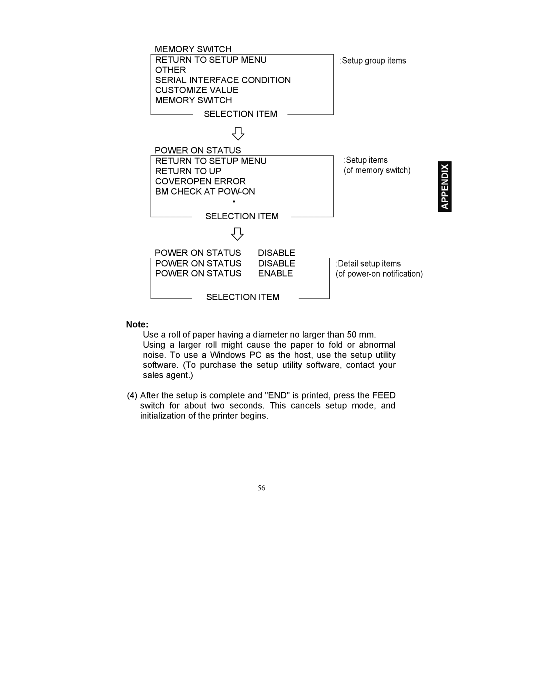 Fujitsu FP-410 user manual Setup group items Setup items Memory switch, Power on Status Disable Enable 