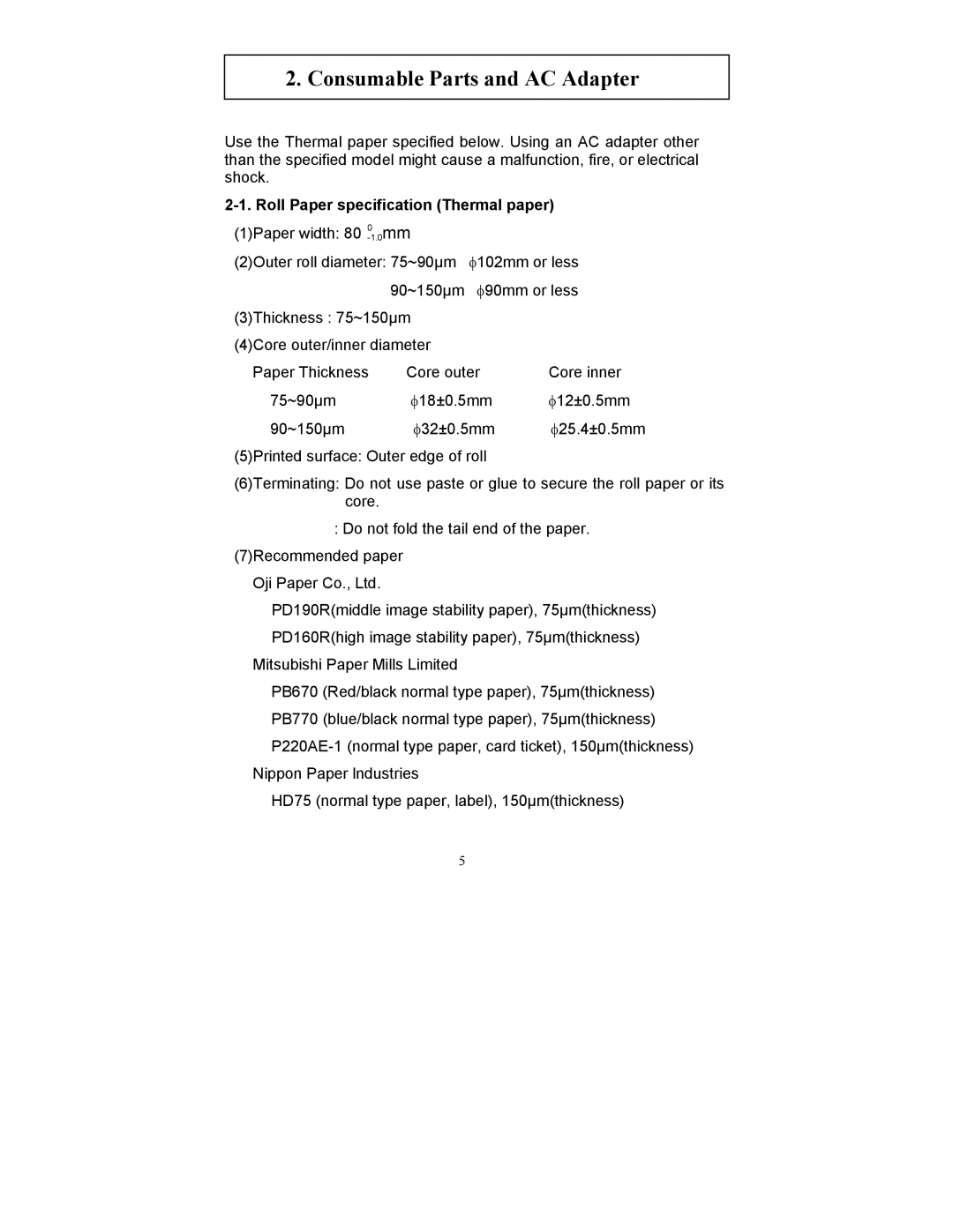 Fujitsu FP-410 user manual Consumable Parts and AC Adapter, Roll Paper specification Thermal paper 