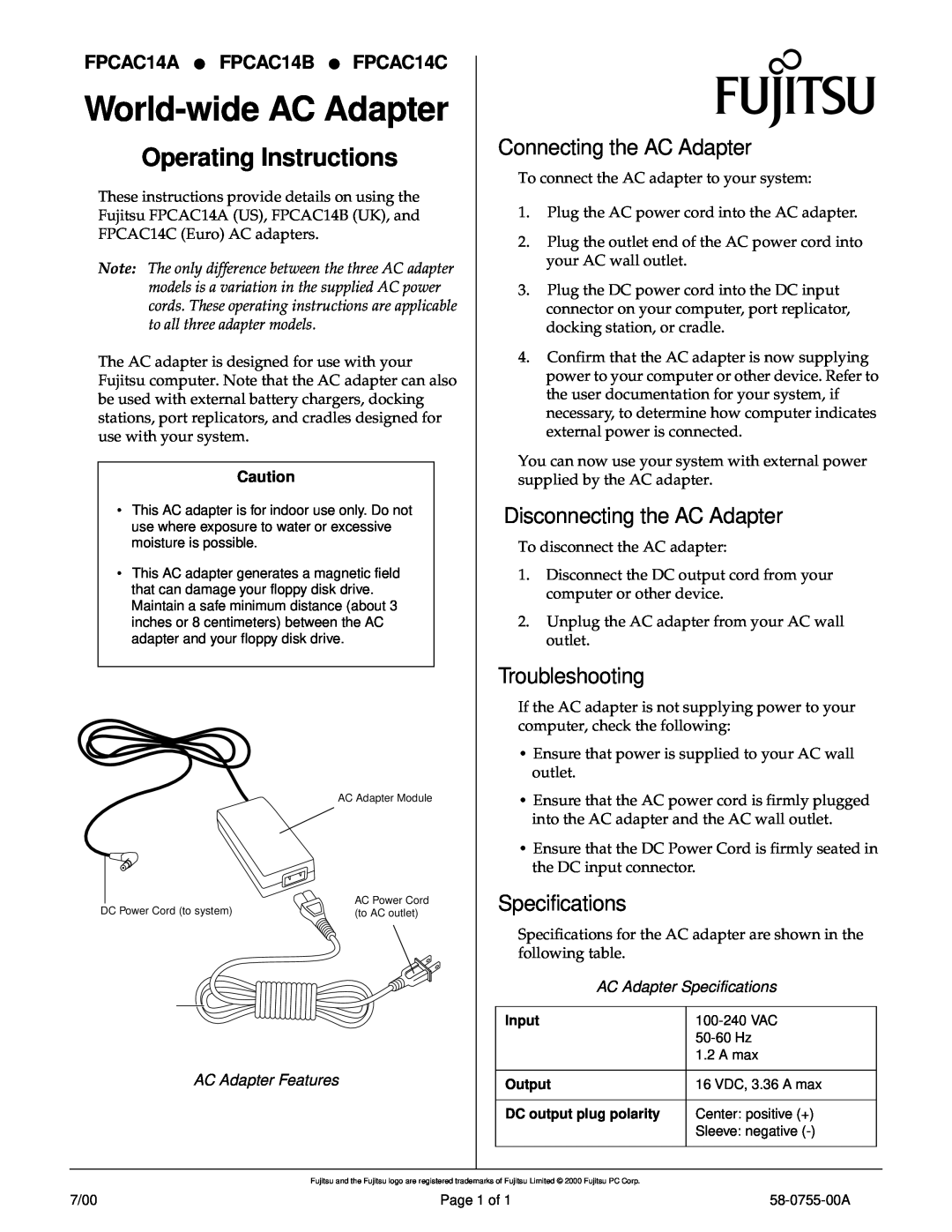 Fujitsu FPCAC14C specifications World-wide AC Adapter, Operating Instructions, Connecting the AC Adapter, Troubleshooting 