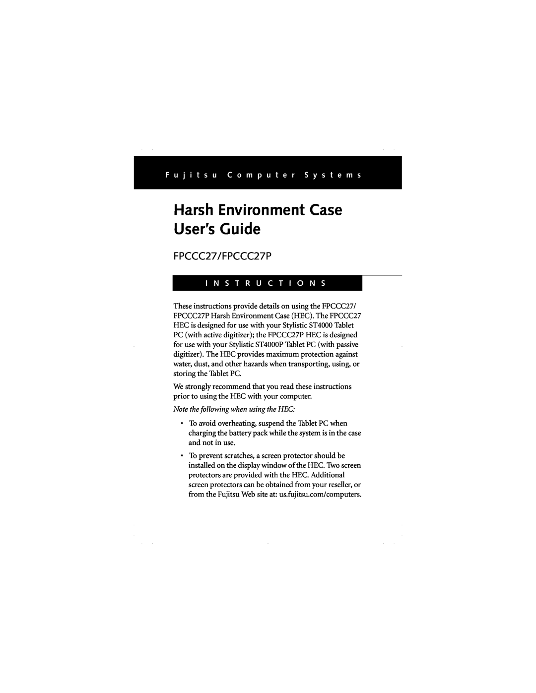 Fujitsu manual Harsh Environment Case User’s Guide, FPCCC27/FPCCC27P, F u j i t s u C o m p u t e r S y s t e m s 