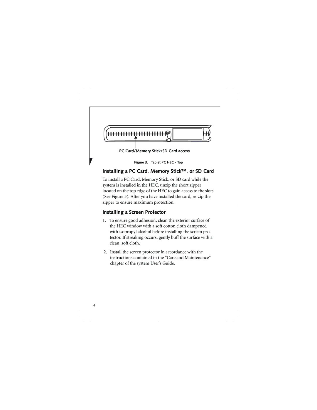 Fujitsu FPCCC48 manual Installing a PC Card, Memory Stick, or SD Card, Installing a Screen Protector 