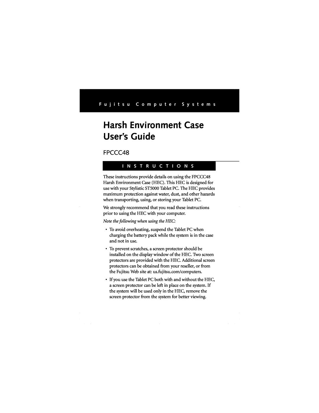 Fujitsu FPCCC48 manual Harsh Environment Case User’s Guide, F u j i t s u C o m p u t e r S y s t e m s 