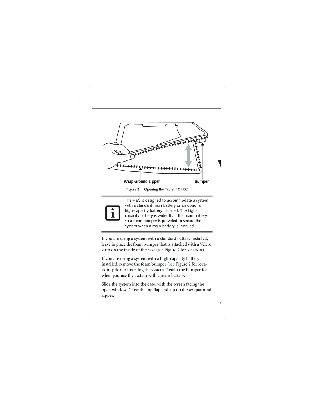 Fujitsu FPCCC48 manual Wrap-around zipper, Bumper, Opening the Tablet PC HEC 