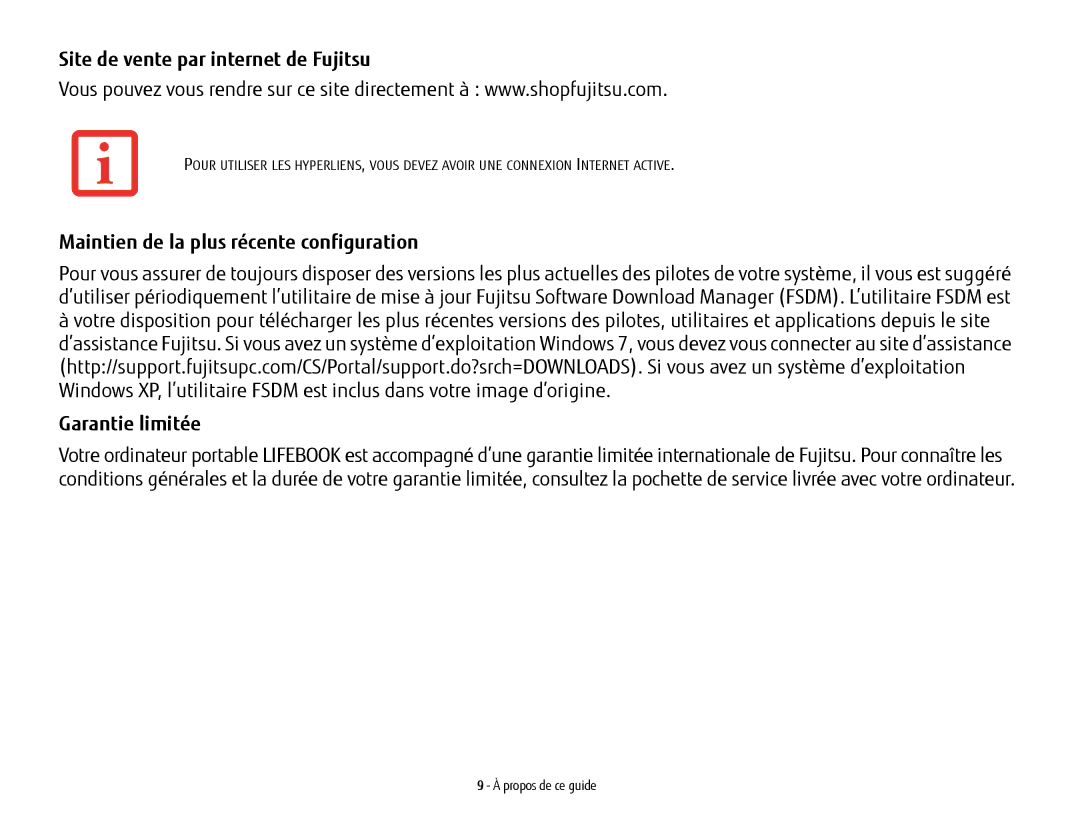 Fujitsu AH532 manual Site de vente par internet de Fujitsu, Maintien de la plus récente configuration, Garantie limitée 