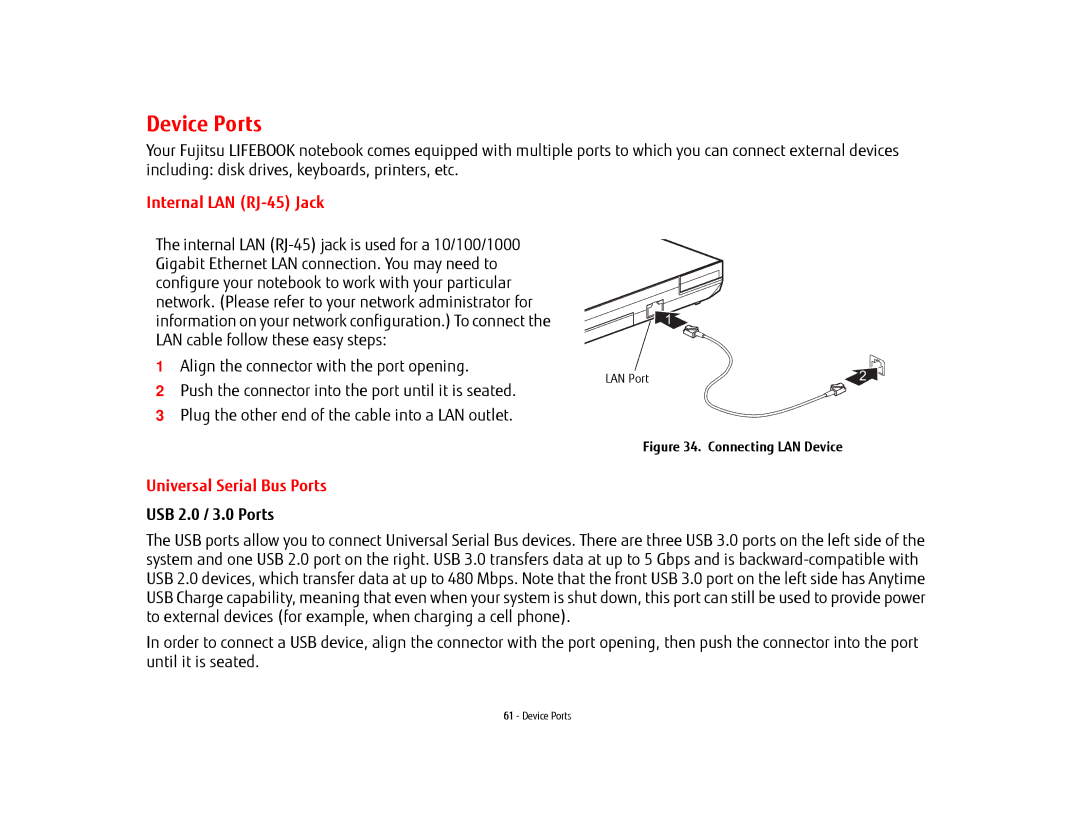 Fujitsu FPCR35161, FPCR47651, AH532 manual Device Ports, Internal LAN RJ-45 Jack, Universal Serial Bus Ports, LAN Port 