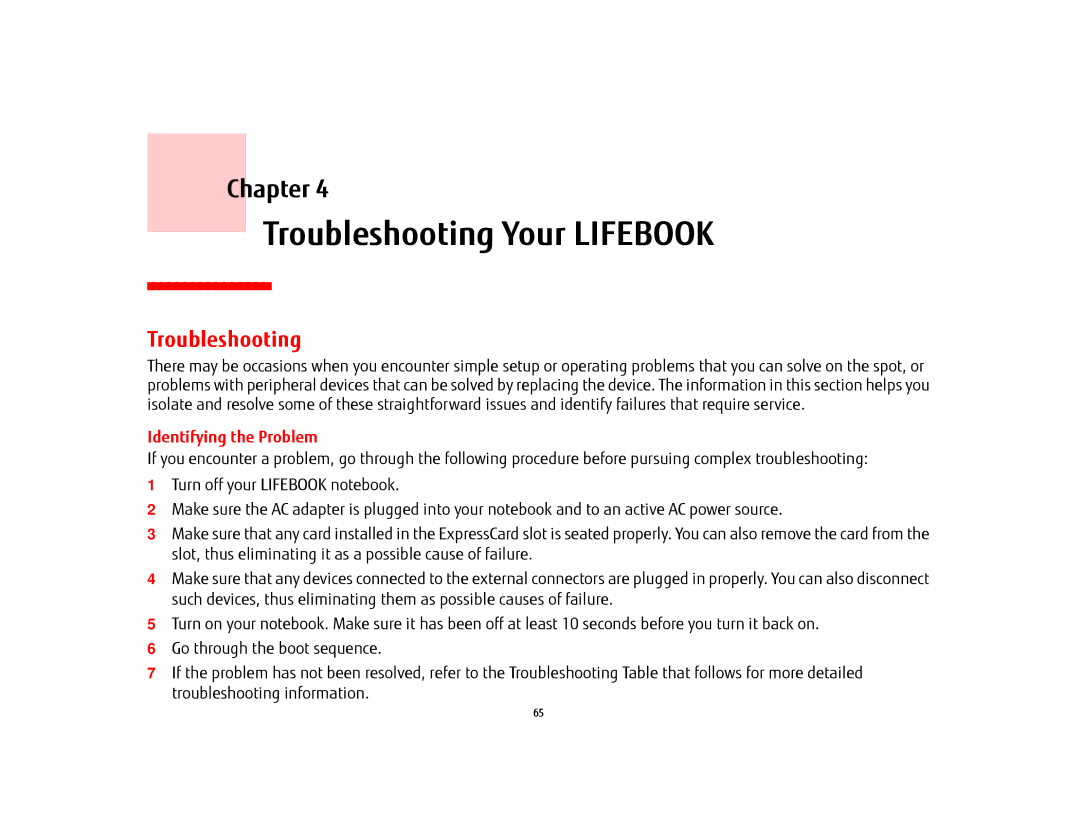 Fujitsu AH532, FPCR47651, FPCR35161 manual Troubleshooting Your Lifebook, Identifying the Problem 