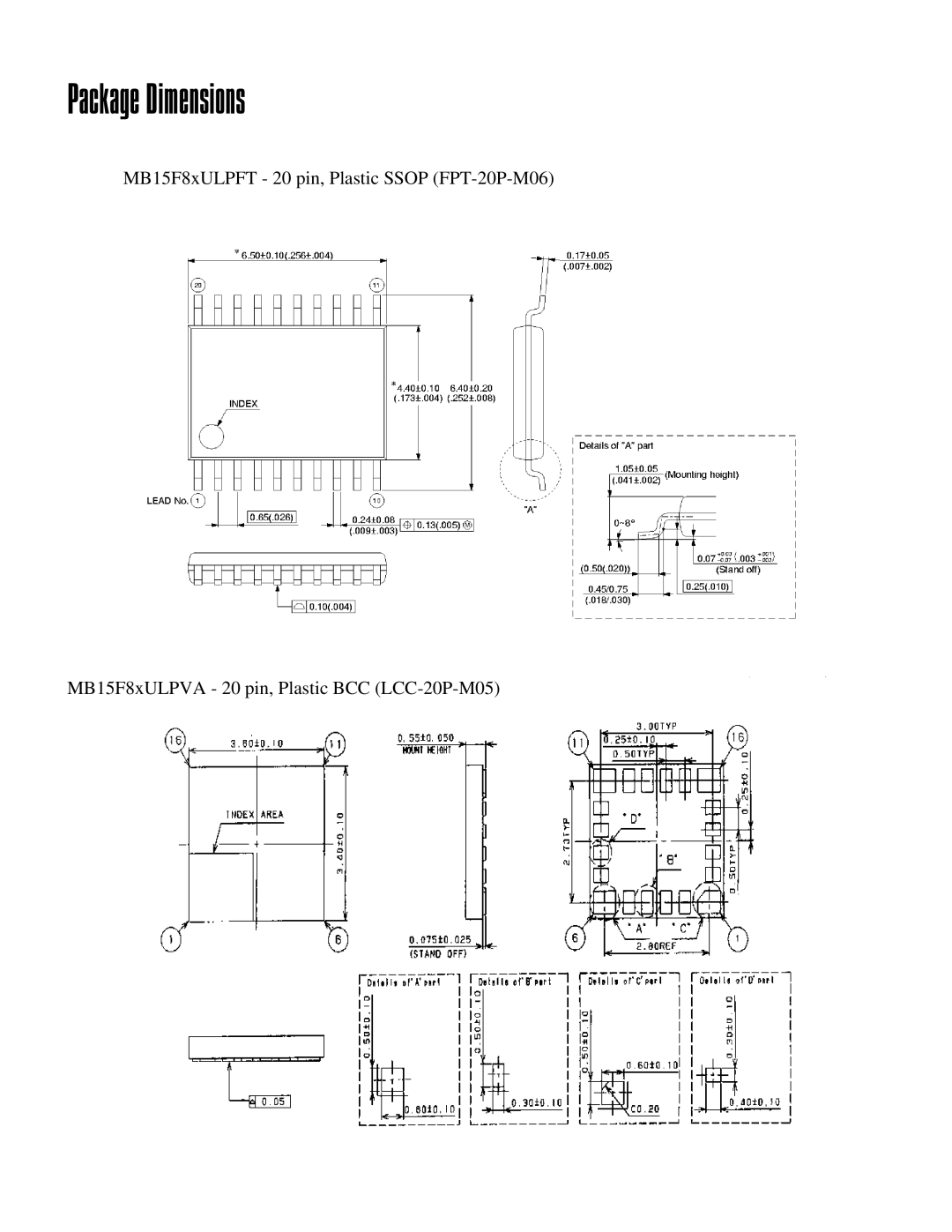 Fujitsu FPT-20P-M06, MB15F86UL, MB15F88UL, LCC-20P-M05, MB15F83UL manual Package Dimensions 