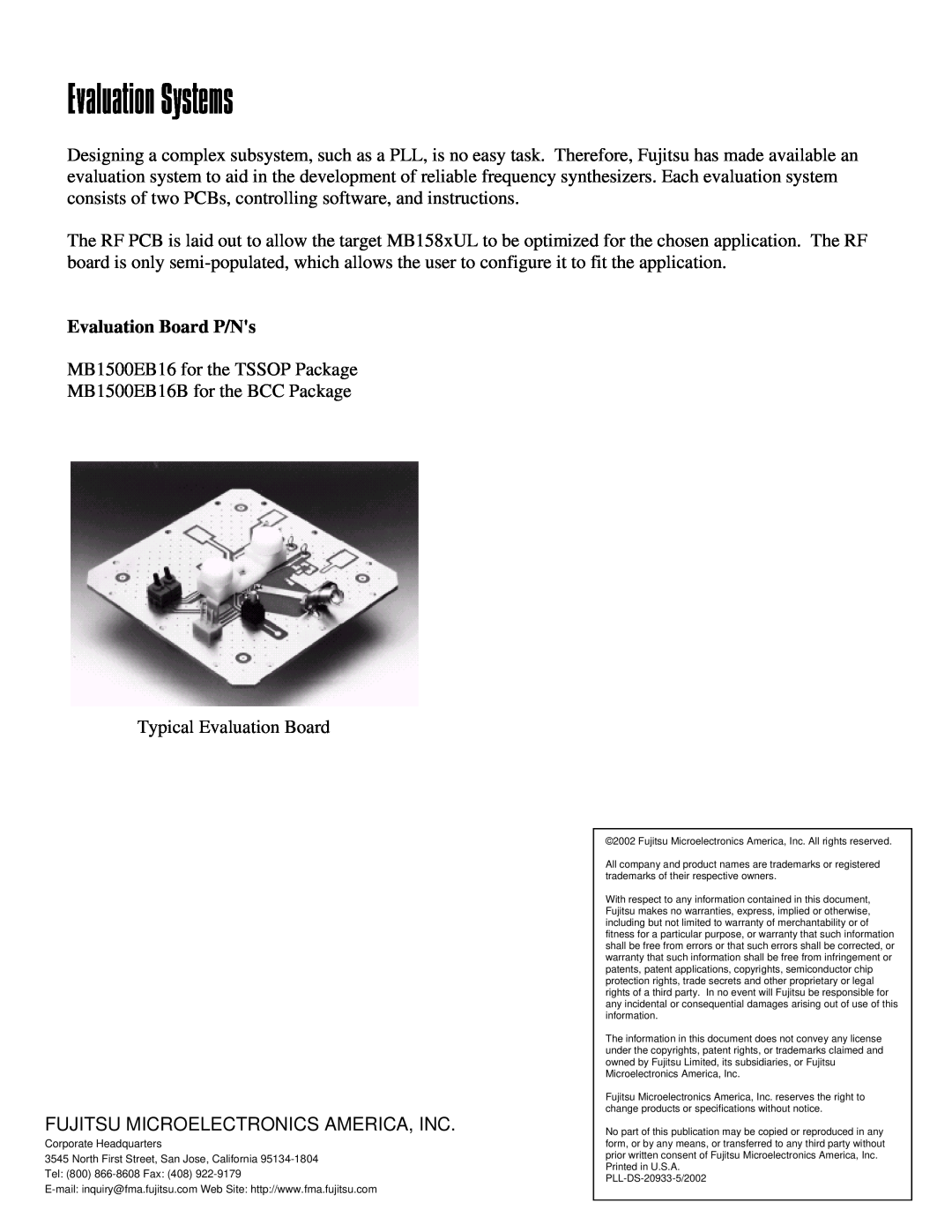 Fujitsu MB15F86UL, FPT-20P-M06, MB15F88UL Evaluation Systems, Evaluation Board P/Ns, Fujitsu Microelectronics America, Inc 