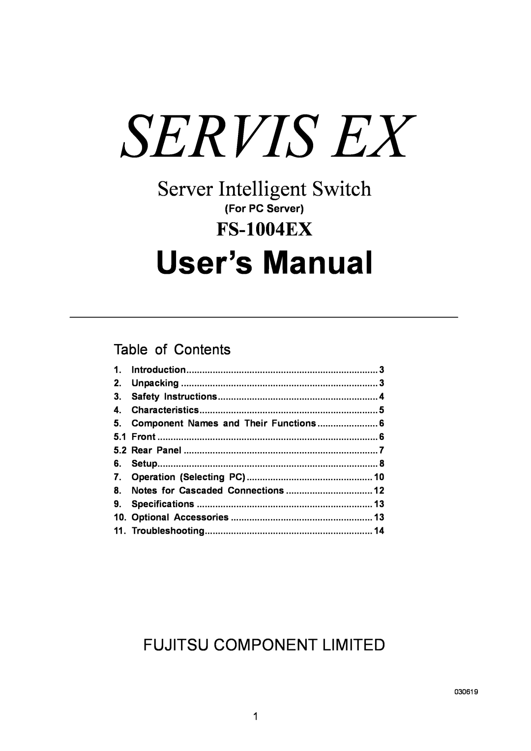 Fujitsu FS-1004EX user manual For PC Server, Servis Ex, User’s Manual, Server Intelligent Switch, Table of Contents, Front 