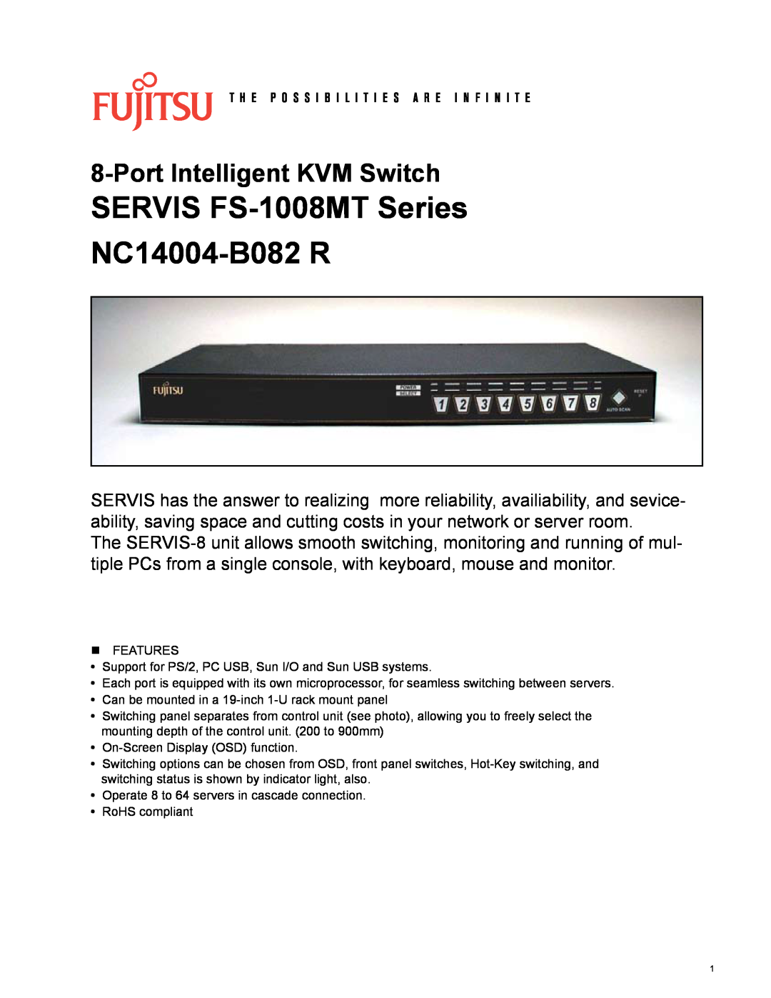 Fujitsu FS-1008MT Series manual SERVIS FS-1008MTSeries NC14004-B082R, PortIntelligent KVM Switch 