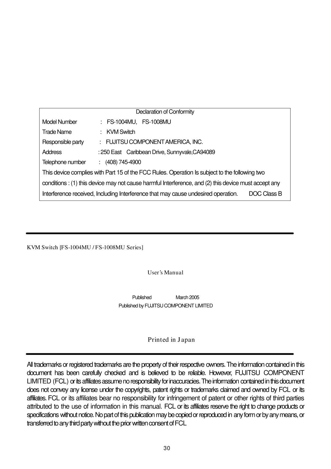 Fujitsu user manual KVM Switch FS-1004MU / FS-1008MU Series User’s Manual 