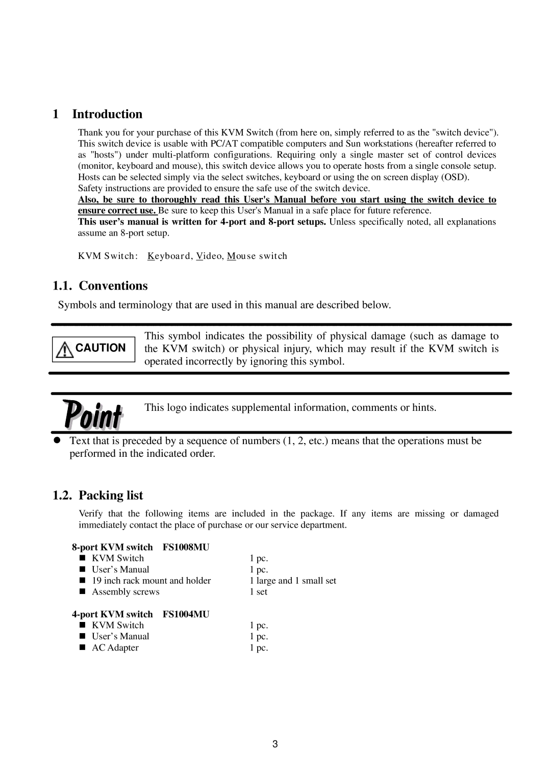 Fujitsu FS-1008MU, FS-1004MU user manual Introduction, Conventions, Packing list 