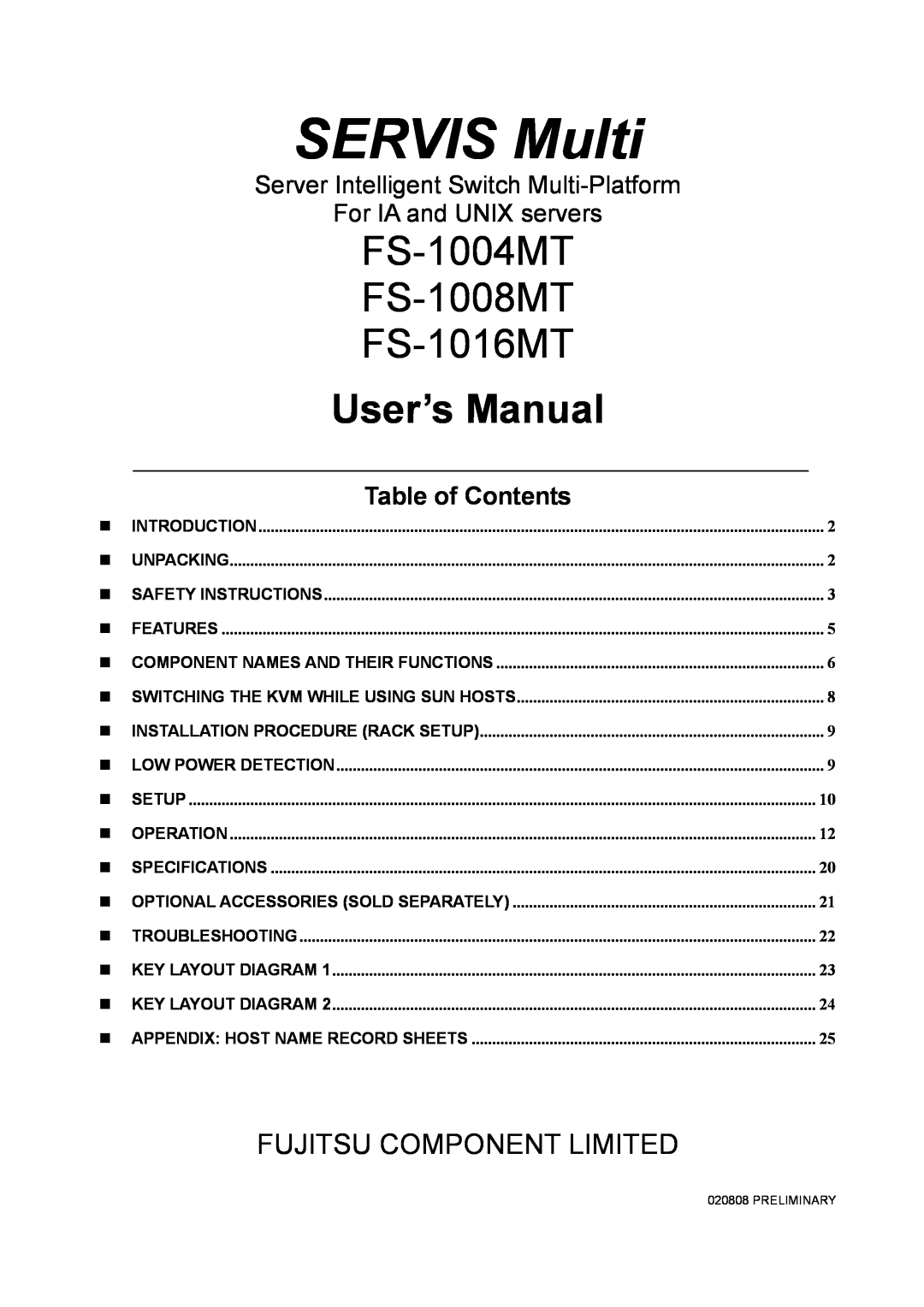 Fujitsu FS-1004MT, FX1008MT user manual SERVIS Multi, FS-1008MT, FS-1016MT, User’s Manual, Fujitsu Component Limited 