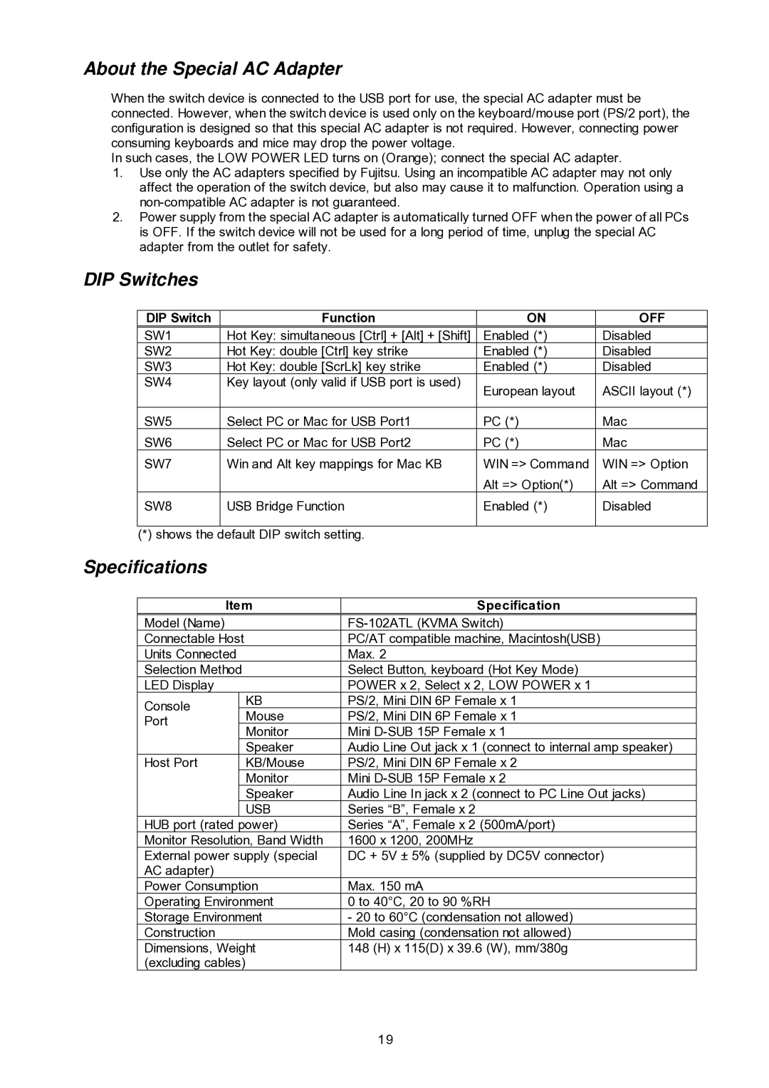 Fujitsu FS-102ATL, NC14003-T256/L About the Special AC Adapter, DIP Switches, Specifications, DIP Switch Function 