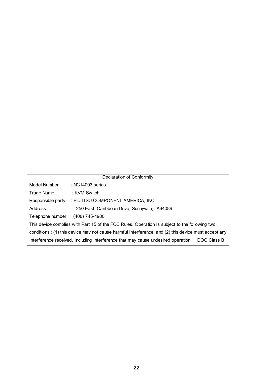 Fujitsu NC14003-T256/L, FS-102ATL user manual Fujitsu Component AMERICA, INC 