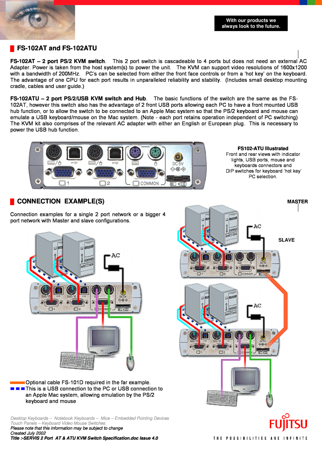 Fujitsu FS 102ATU manual FS-102AT and FS-102ATU, Connection Examples, FS102-ATU Illustrated, Master, Slave 