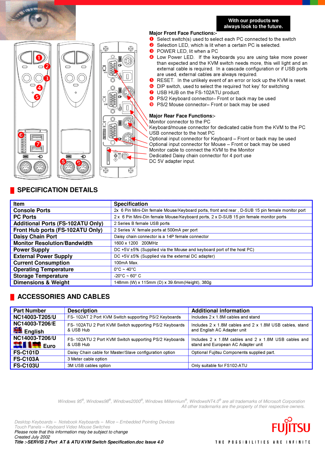 Fujitsu FS-102AT, FS 102ATU manual Specification Details, Accessories and Cables 