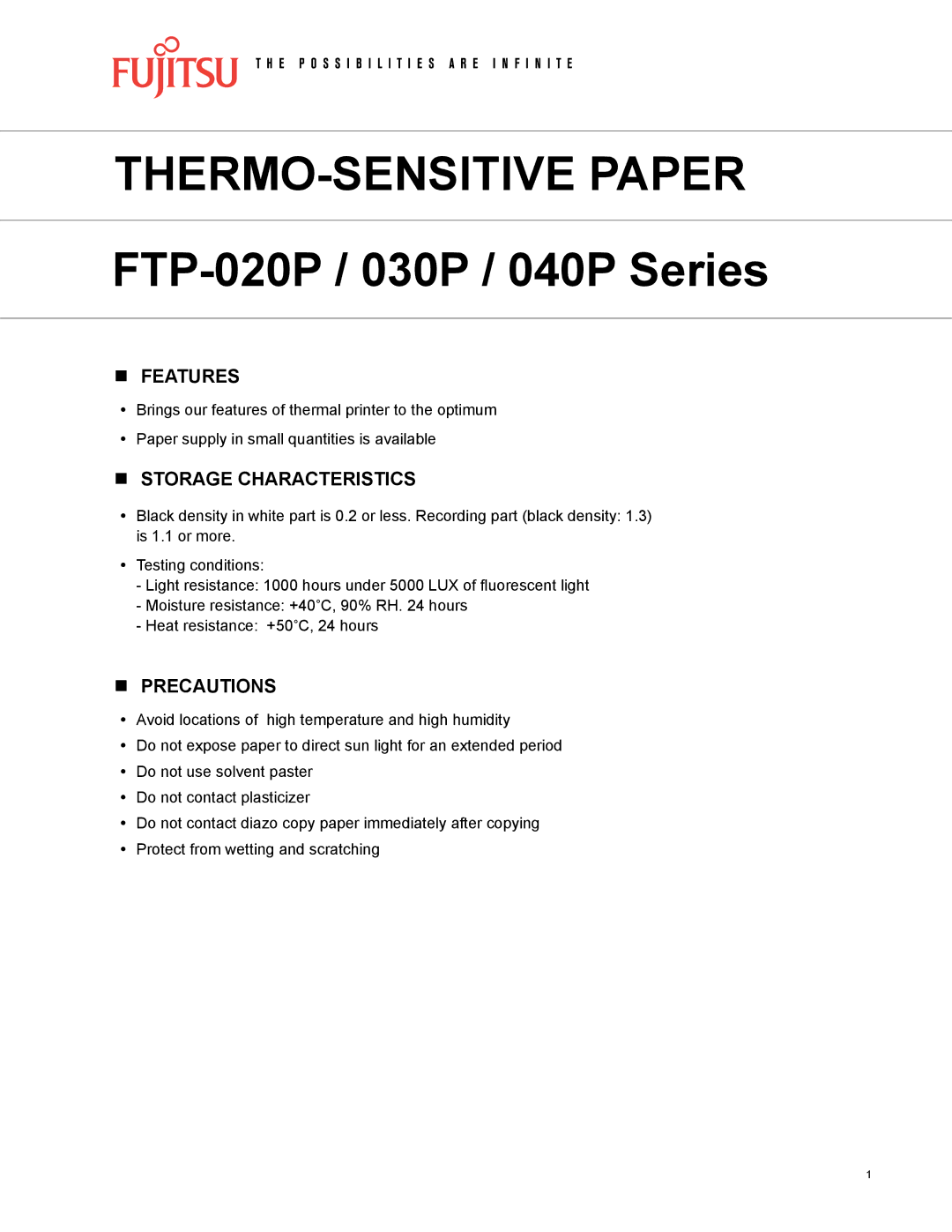 Fujitsu FTP-030P, FTP-020P, FTP-040P manual Features, Storage characteristics, Precautions 