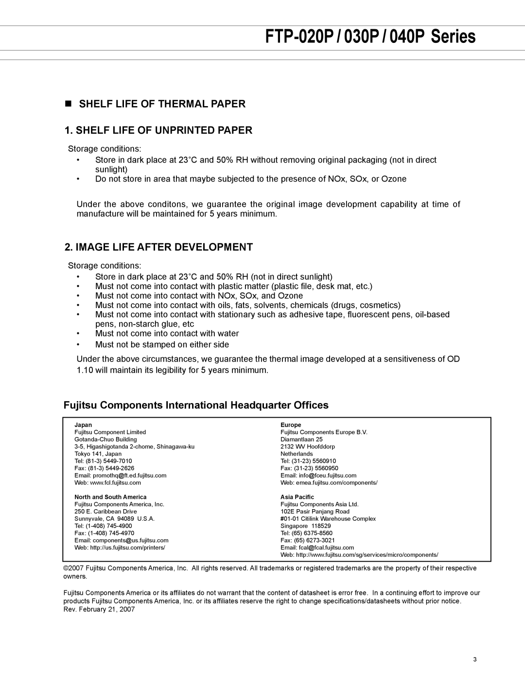 Fujitsu FTP-020P Shelf life of thermal paper Shelf life of unprinted paper, Image life after development, Japan Europe 