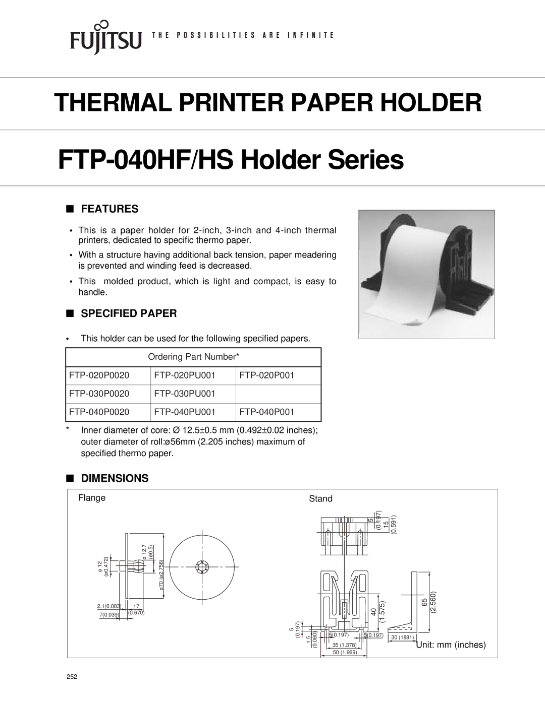 Fujitsu FTP-040HS Holder Series dimensions FTP-040HF/HS Holder Series, Features, Specified Paper, Dimensions 