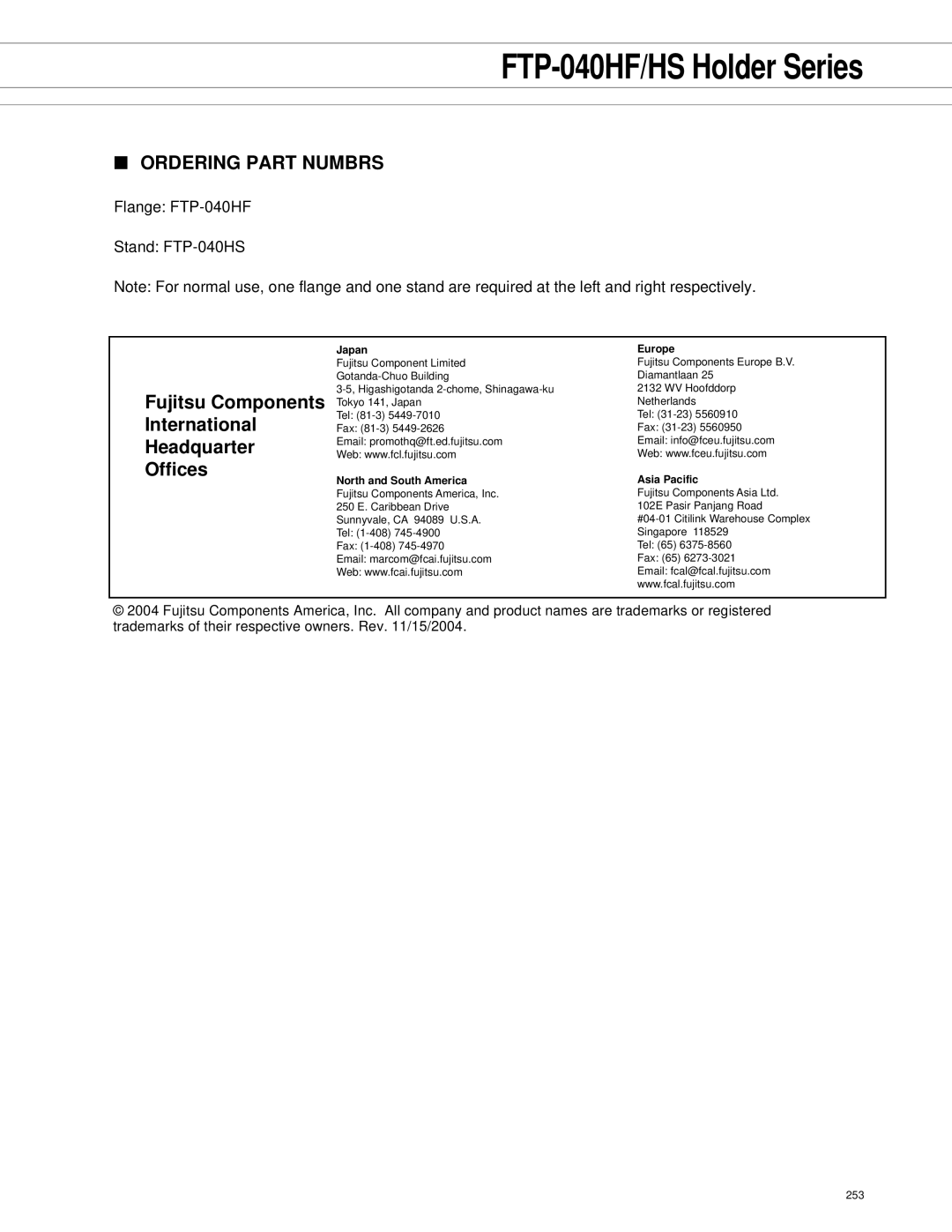 Fujitsu FTP-040HF Holder Series, FTP-040HS Holder Series dimensions FTP-040HF/HS Holder Series, Ordering Part Numbrs 