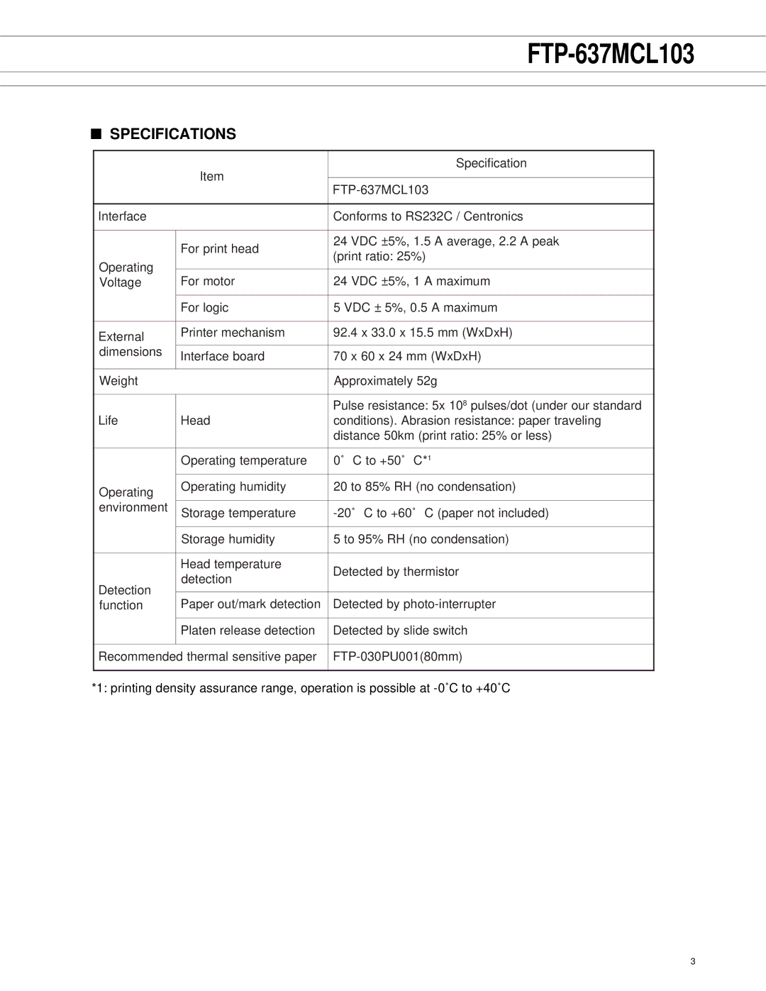 Fujitsu FTP-637MCL103, FTP-607 manual Specification 