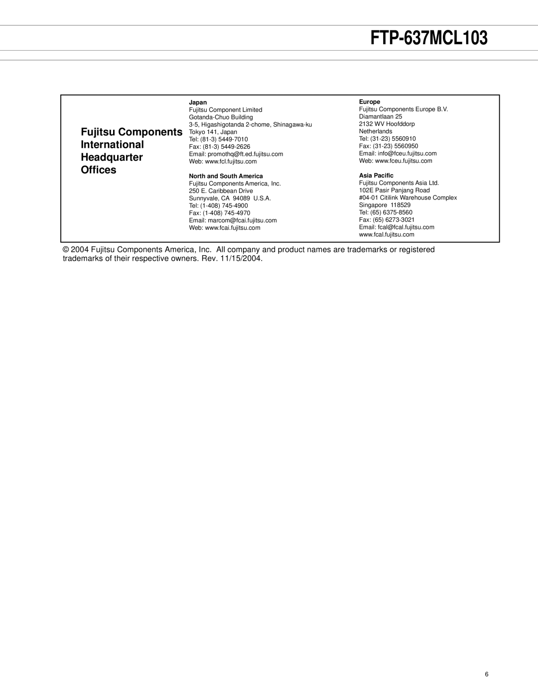 Fujitsu FTP-607, FTP-637MCL103 manual Fujitsu Components 