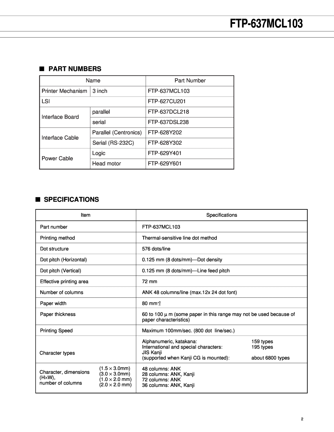 Fujitsu FTP-607 manual FTP-637MCL103, Part Numbers, Specifications 