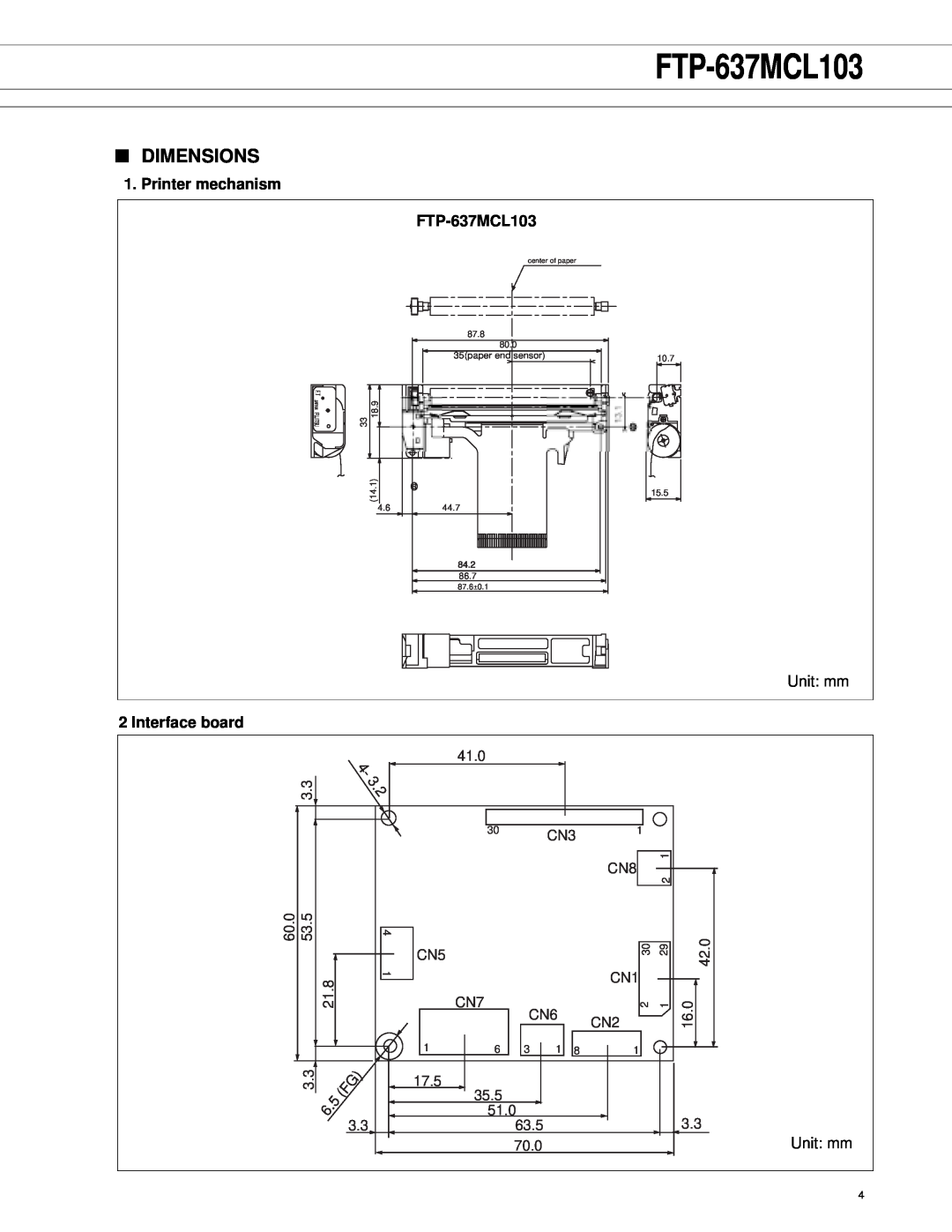 Fujitsu FTP-607 manual Dimensions, Printer mechanism, FTP-637MCL103, Interface board 