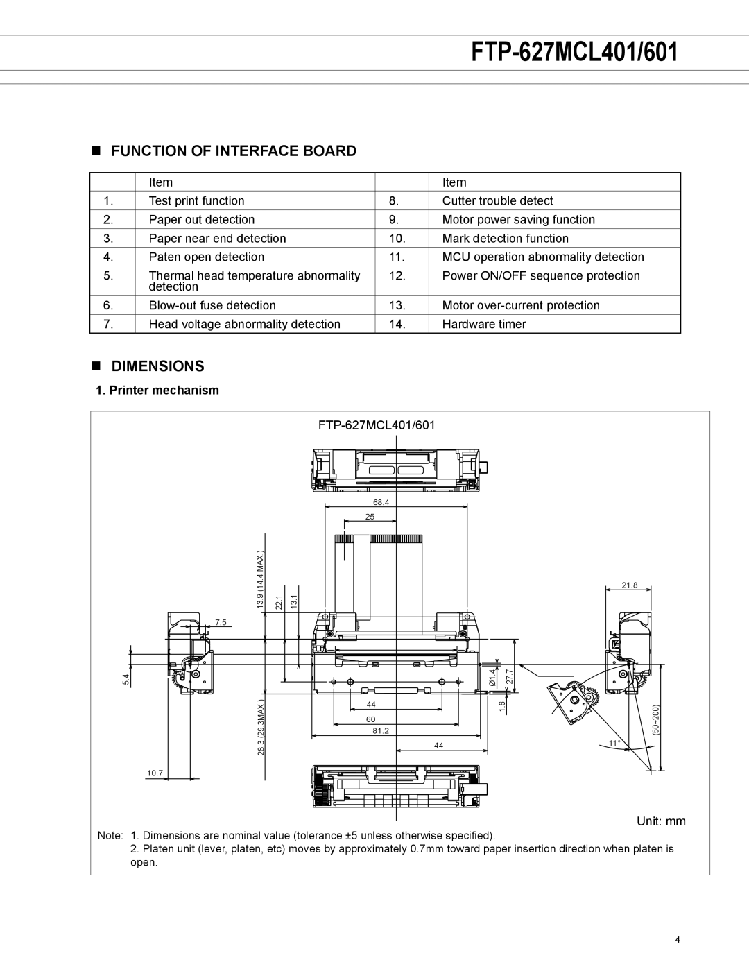 Fujitsu FTP-607 Series manual Function of interface board, Dimensions, Printer mechanism 