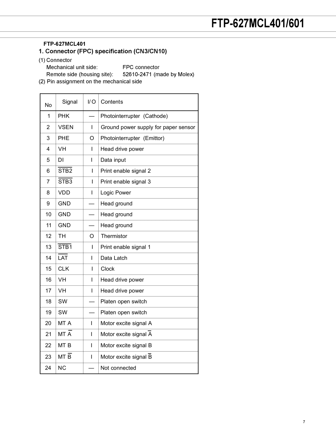 Fujitsu FTP-607 Series manual Connector FPC specification CN3/CN10, FTP-627MCL401 