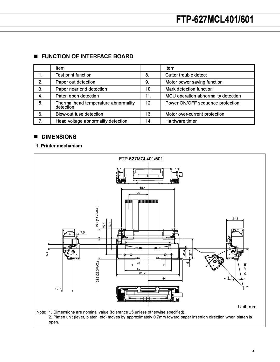 Fujitsu FTP-607 Series manual n function of interface board, n dimensions, Printer mechanism, FTP-627MCL401/601 