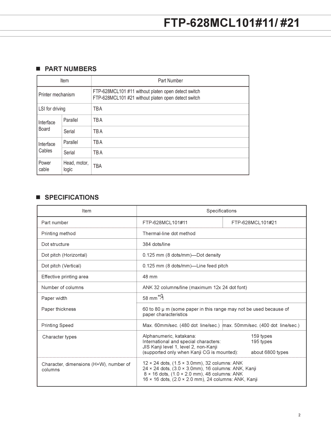 Fujitsu FTP-628 MCL101#11, FTP-608 Series, FTP-628 MCL101#21 manual Part numbers, Specifications 