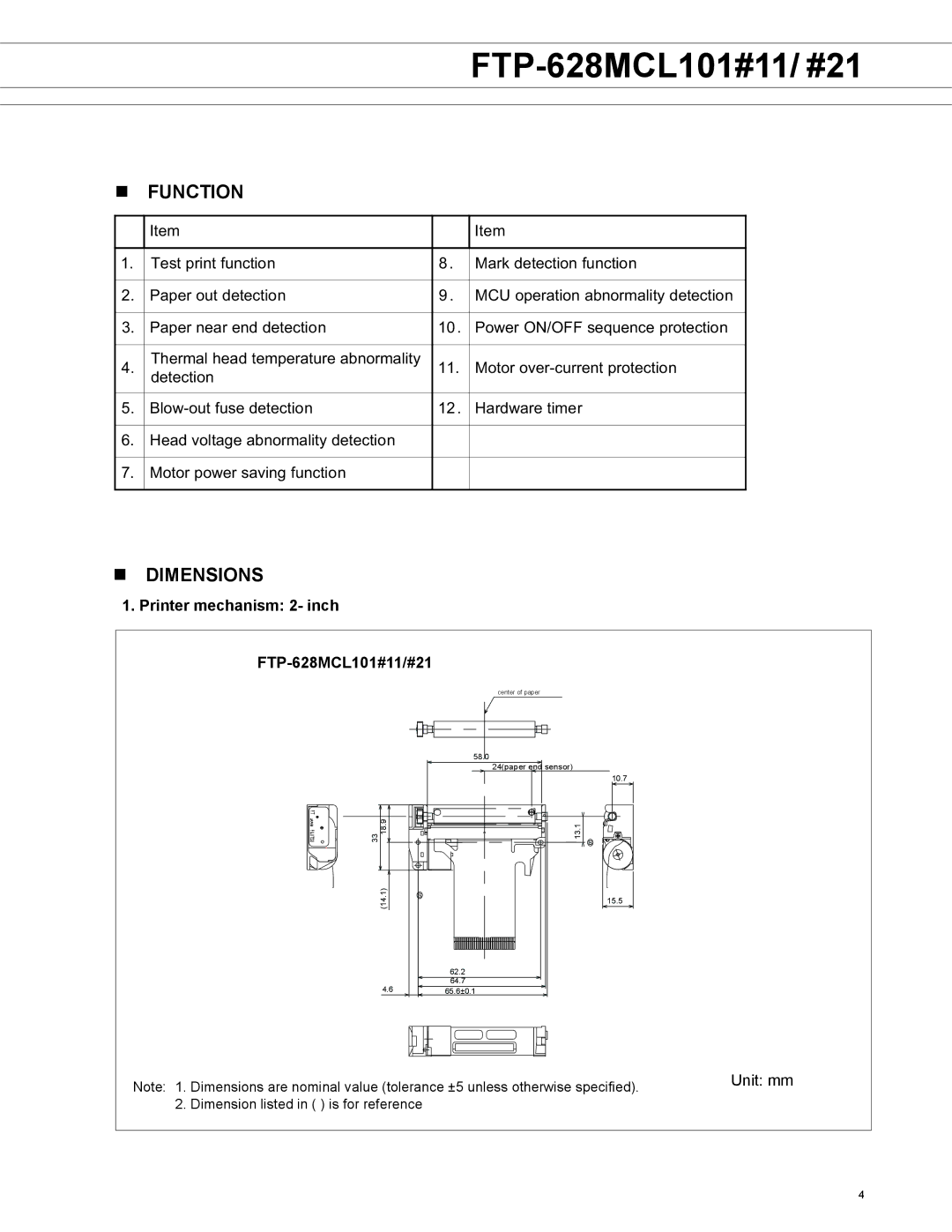 Fujitsu FTP-628 MCL101#21, FTP-608 Series manual Function, Dimensions, Printer mechanism 2- inch FTP-628MCL101#11/#21 