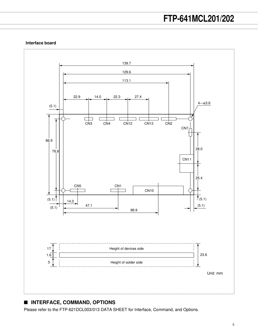 Fujitsu FTP-641MCL201, FTP-621DCL003, FTP-633GA1021, FTP-641MCL202 manual INTERFACE, COMMAND, Options, Interface board 