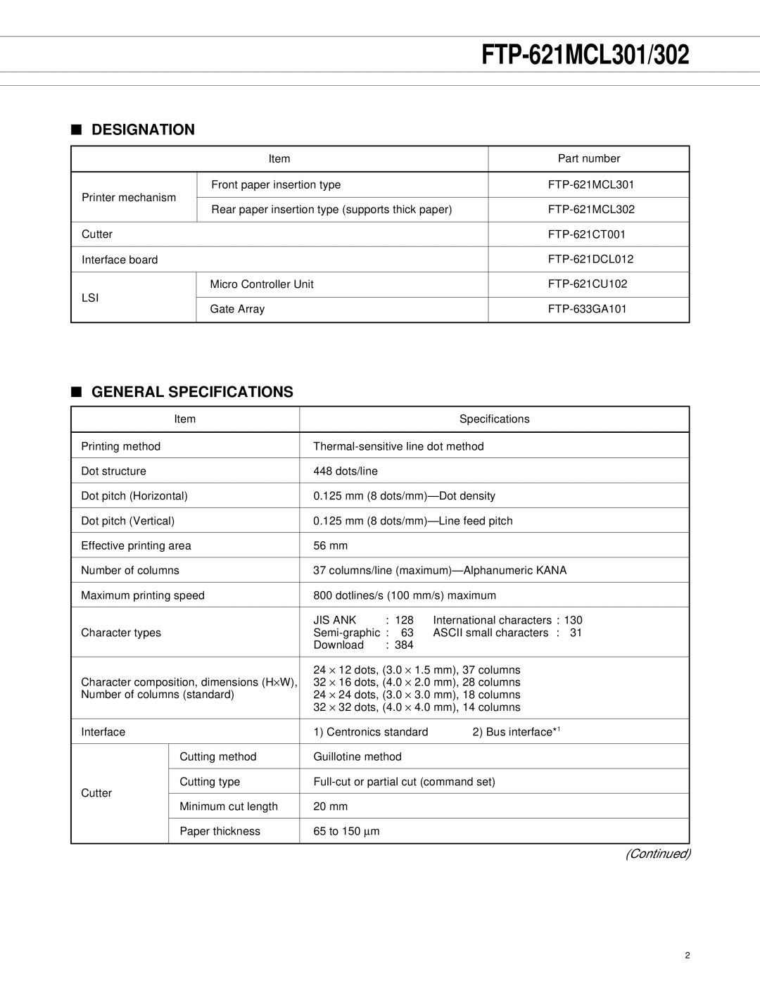 Fujitsu FTP-621MCL302, FTP-621DCL012, FTP-621MCL301 manual Designation, General Specifications 