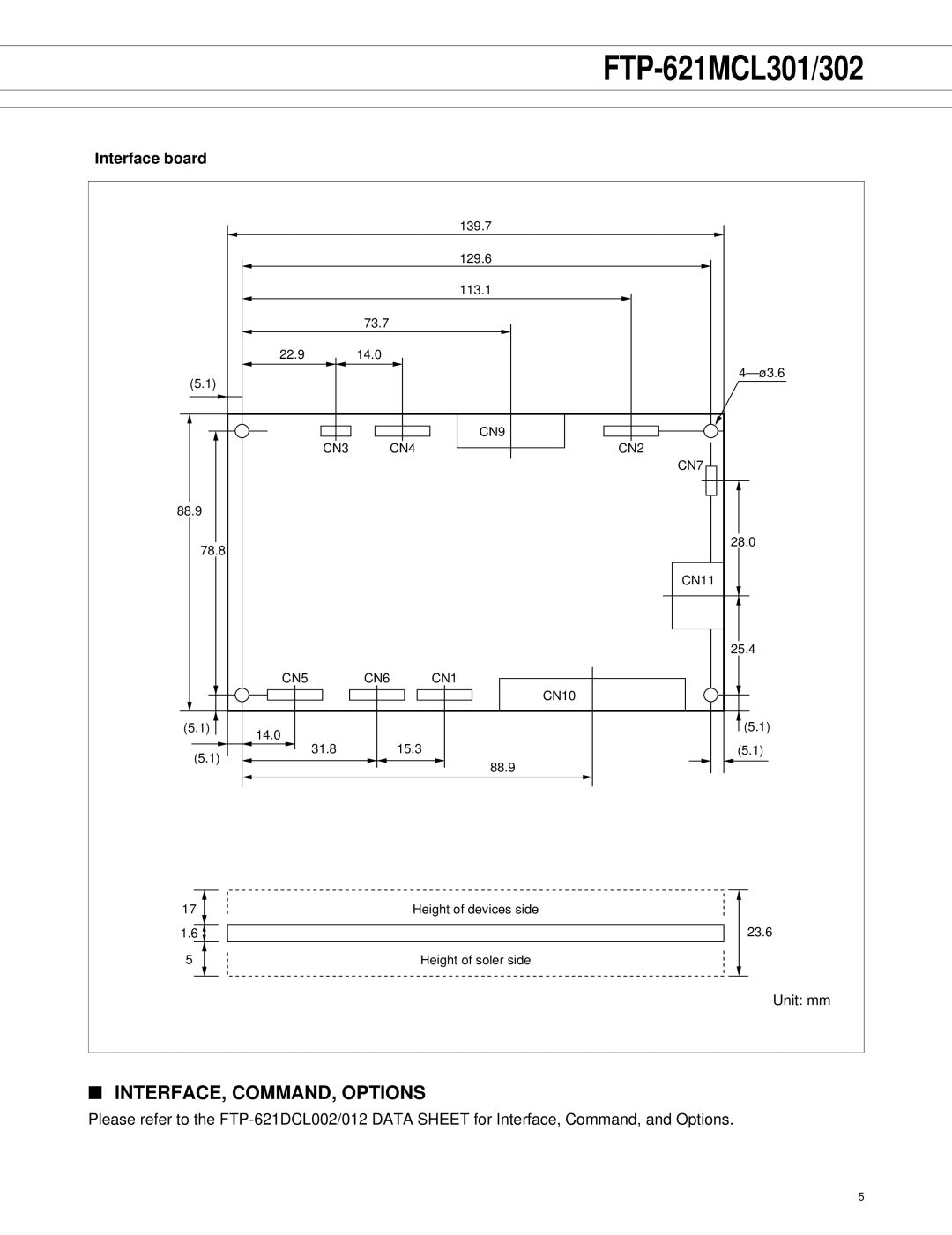 Fujitsu FTP-621MCL302, FTP-621DCL012, FTP-621MCL301 manual INTERFACE, COMMAND, Options, Interface board 