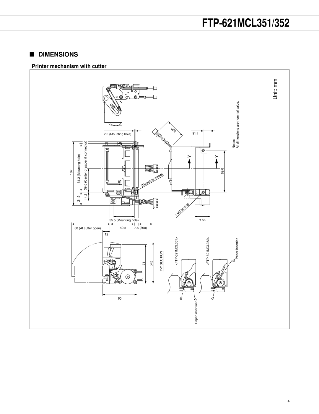 Fujitsu FTP-621DCL013, FTP-621CT001, FTP-621MCL351, FTP-621MCL352 manual Dimensions, Printer mechanism with cutter 