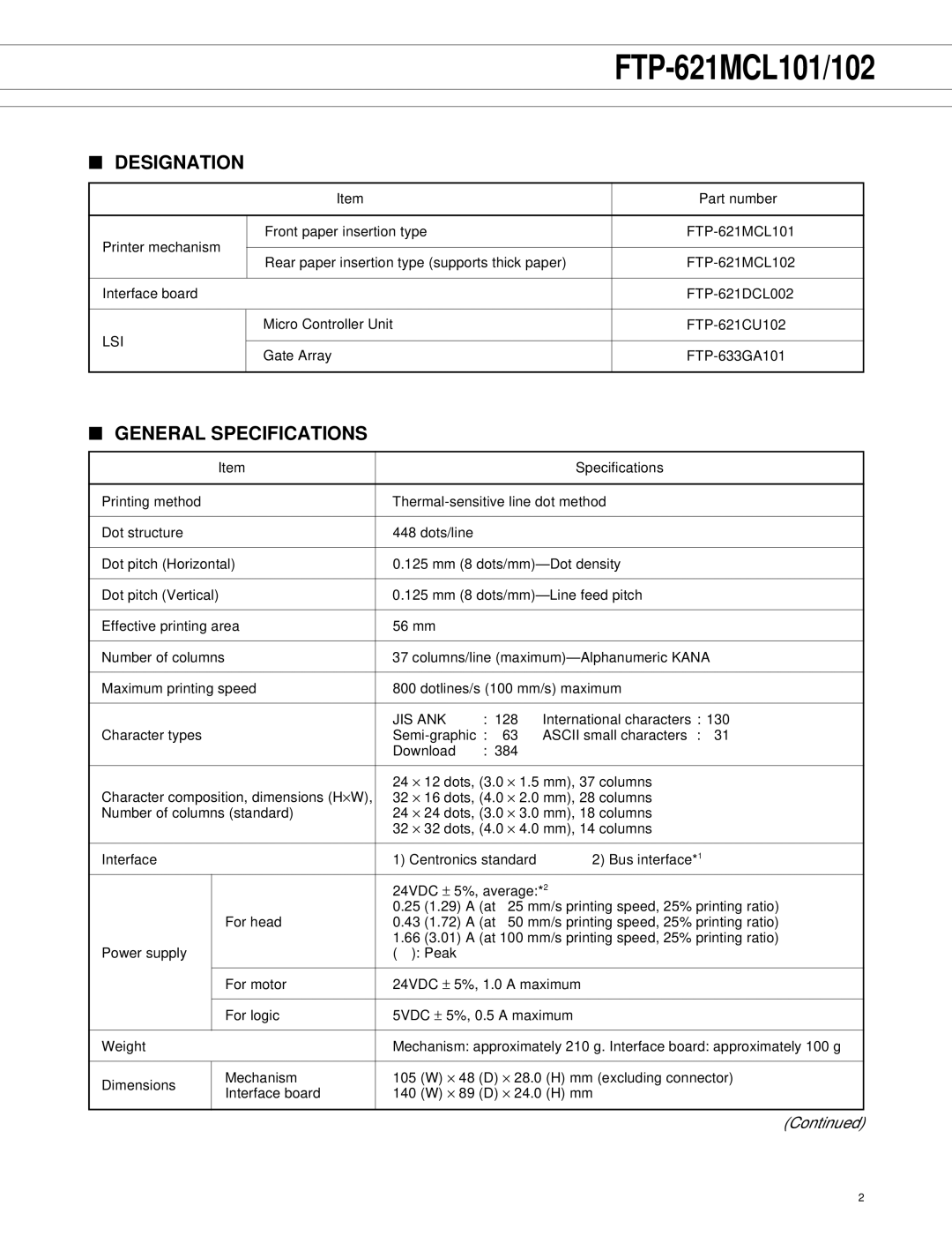 Fujitsu FTP-621MCL102, FTP-621MCL101, FTP-621DCL002 manual Designation, General Specifications 