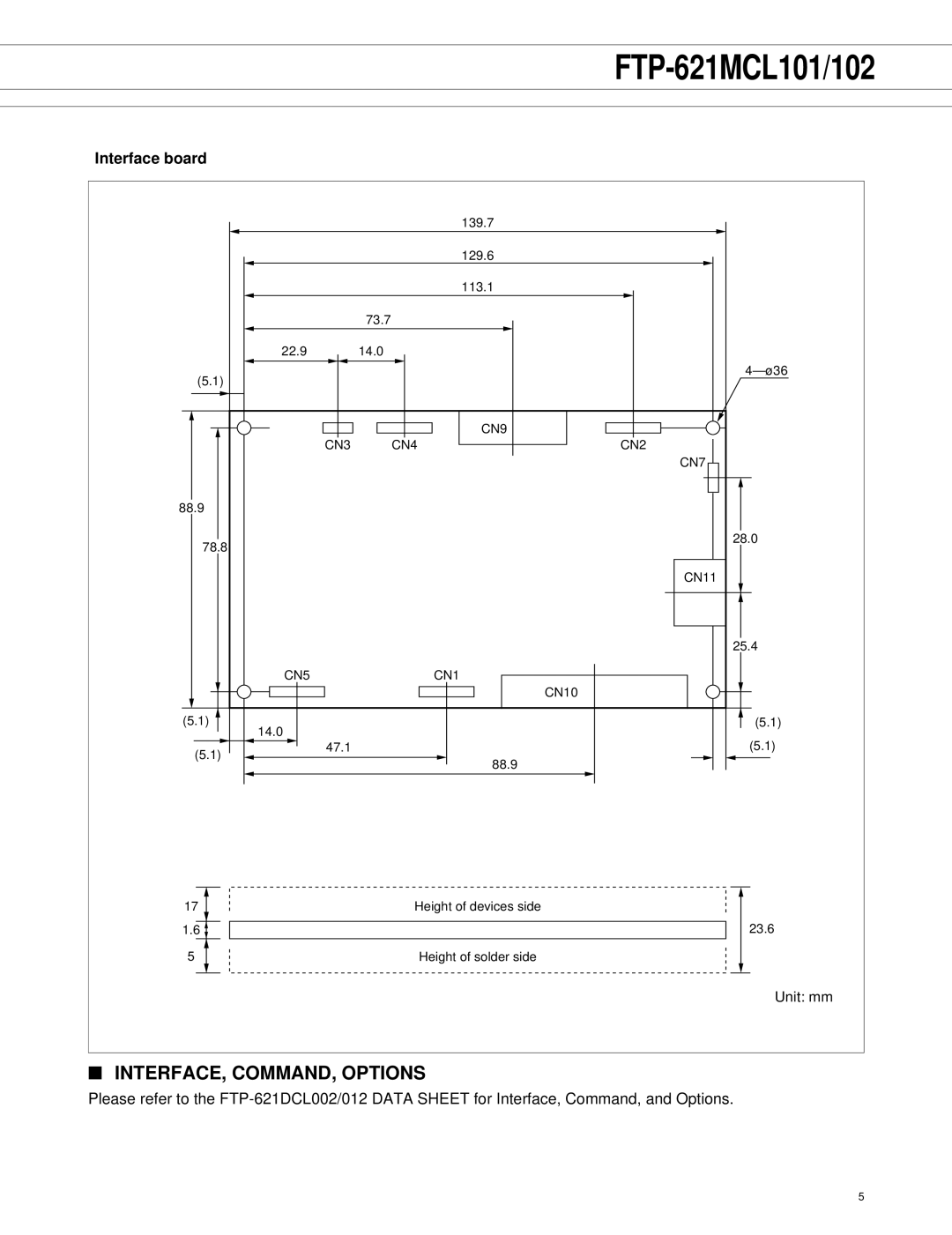 Fujitsu FTP-621MCL102, FTP-621MCL101, FTP-621DCL002 manual INTERFACE, COMMAND, Options, Interface board 