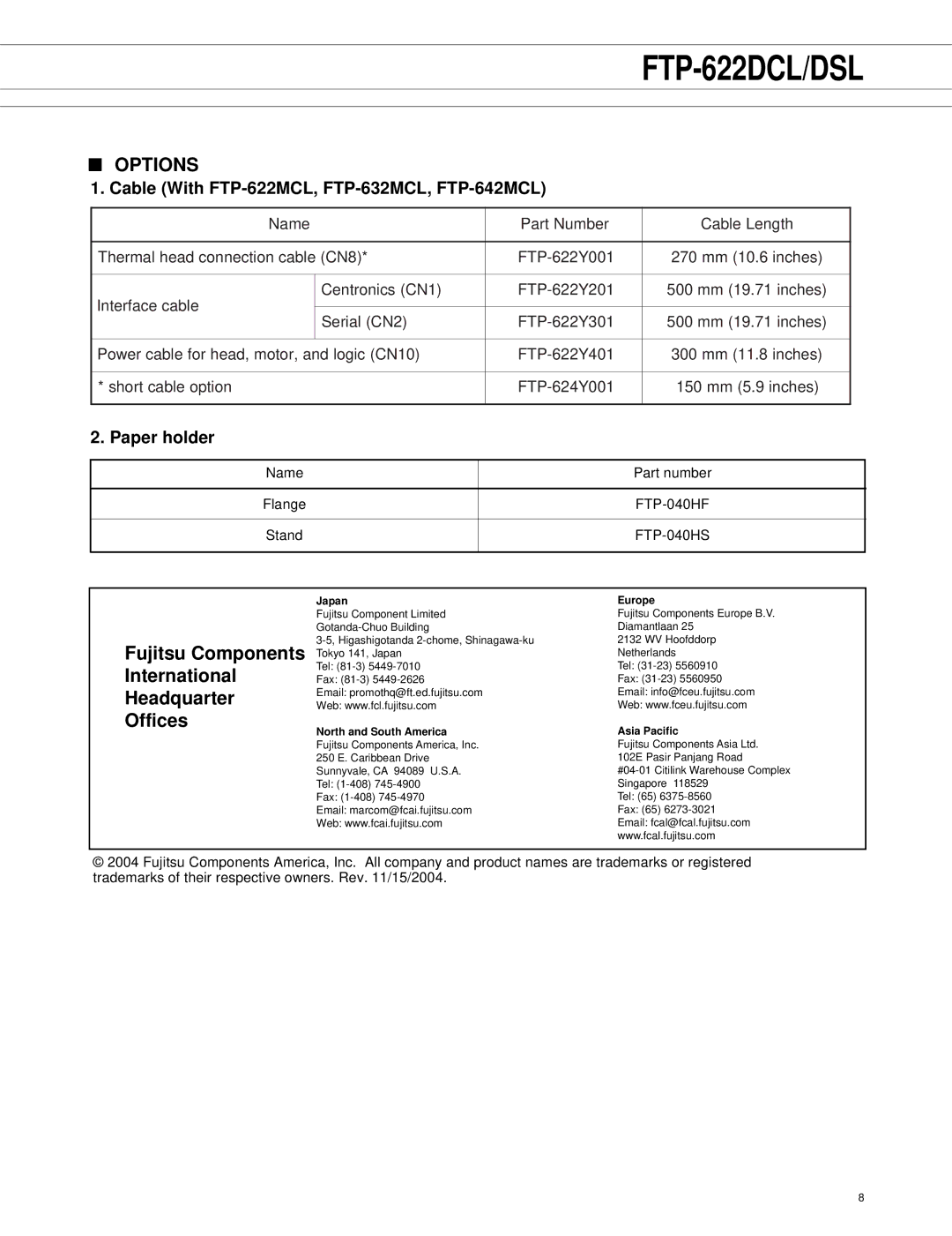 Fujitsu FTP-622DCL001/011 manual Options, Cable With FTP-622MCL, FTP-632MCL, FTP-642MCL, Paper holder, FTP-040HF, FTP-040HS 